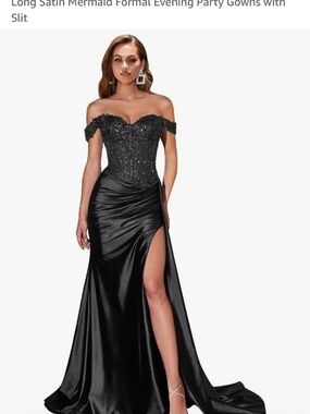 Plusize 20/22 Off-Shoulder Black Satin Evening Gown with Sequined Sheer Corset